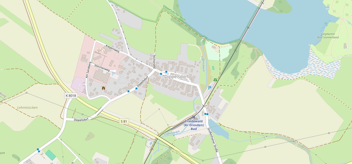 Kartenausschnitt: Firmensitz Proschmann, Großenhainer Straße 51 in Friedewald (Moritzburg), zwischen Dippelsdorfer Teich und Bahnhof Friedewald