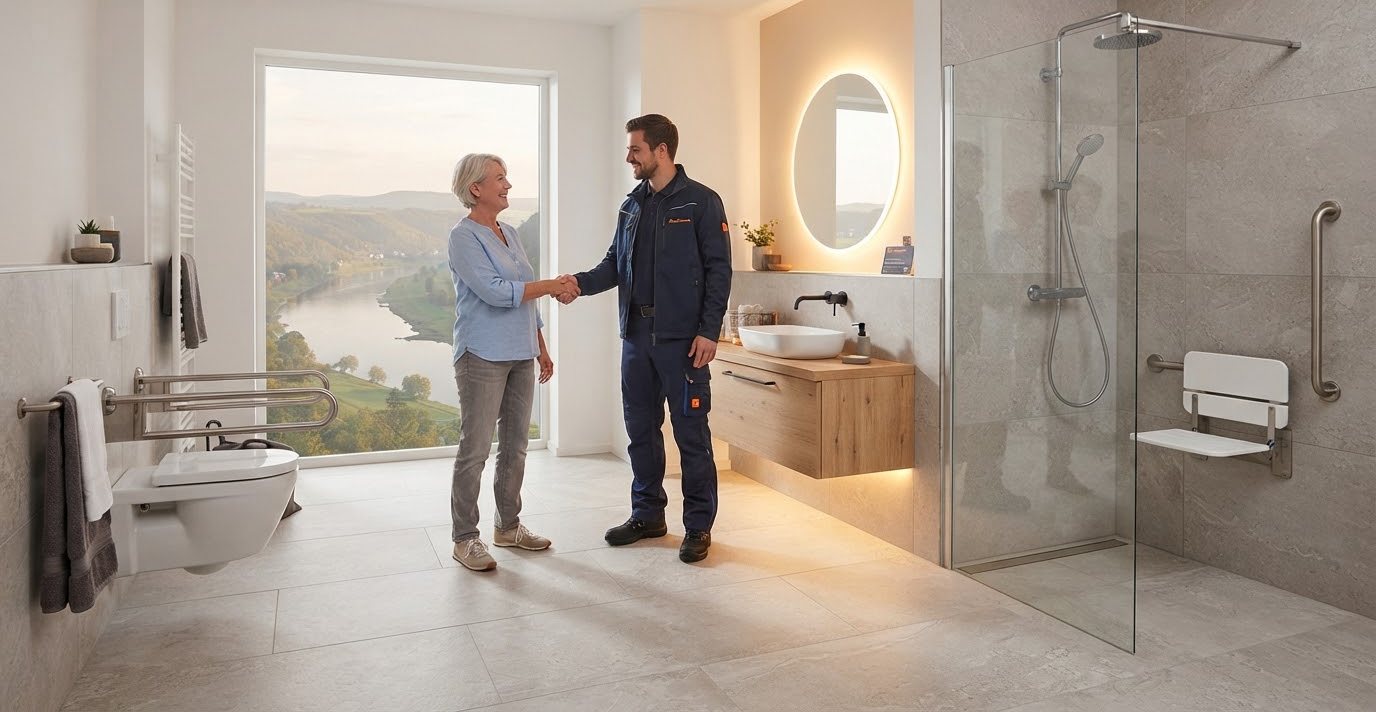 Beispielfoto: Barrierefreies Bad mit Haltegriffen, Duschsitz und bodengleicher Dusche