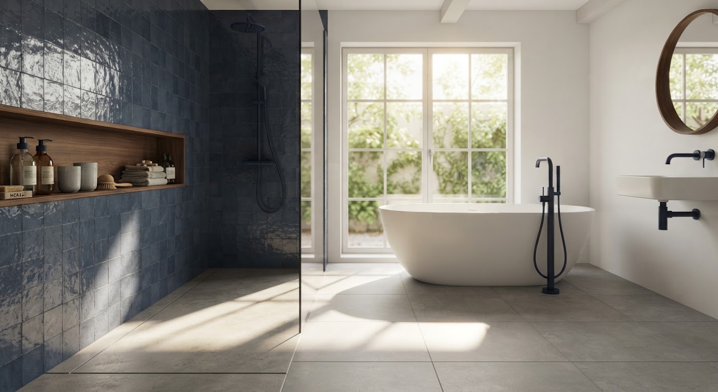 Beispielfoto: Modernes Bad mit bodengleicher Dusche und freistehender Badewanne
