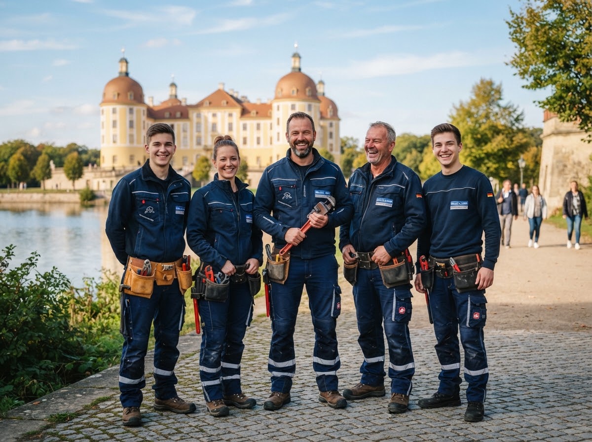 Beispielfoto: Fünf Handwerker in dunkelblauer Arbeitskleidung vor Schloss Moritzburg