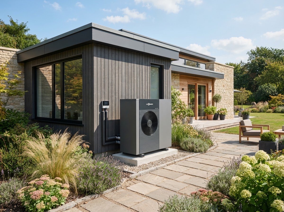 Beispielfoto: Luft-Wasser-Wärmepumpe im Garten eines modernen Einfamilienhauses