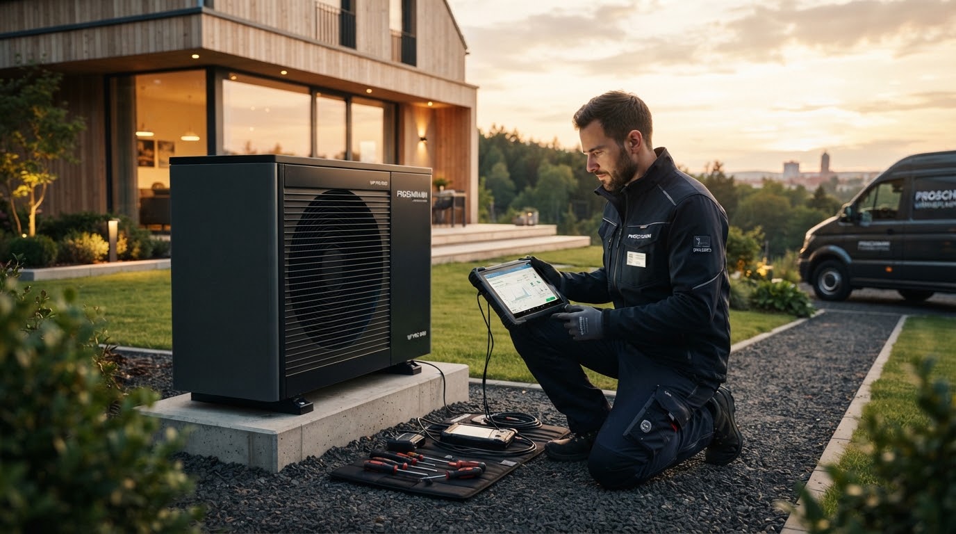 Beispielfoto: Servicetechniker prüft eine Wärmepumpe mit einem Tablet